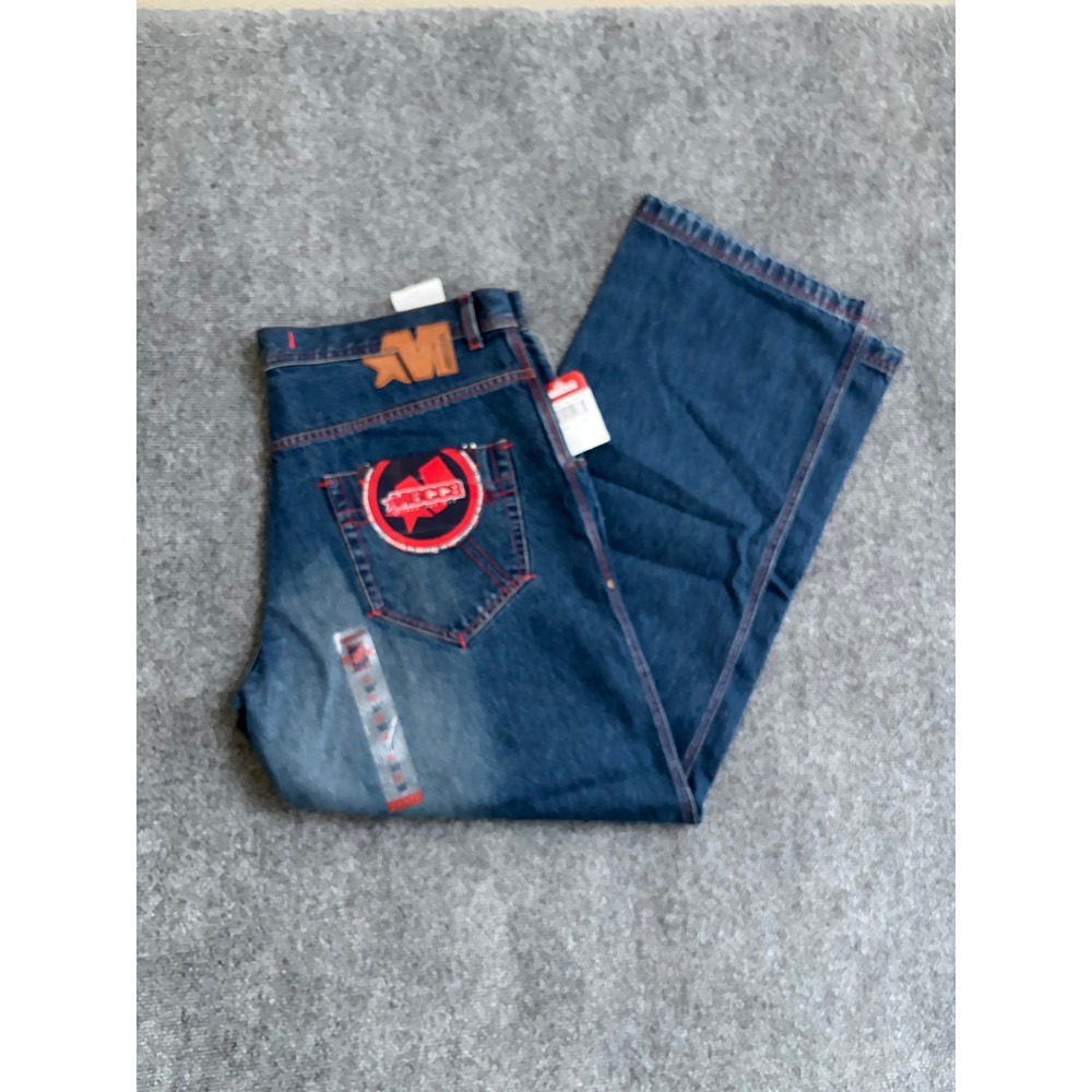 Mecca USA Baggy Jeans Mens 40x34 Blue Denim Red Stitch Embroidered Patches Y2K